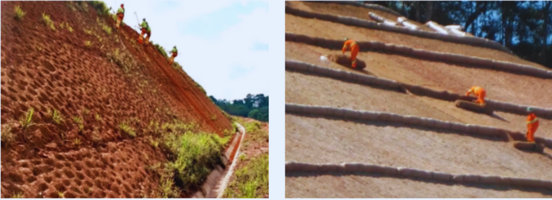 Homens içados por cordas abrem covas em talude íngreme para aplicação de Hidrossemeadura na recuperação de áreas degradadas em mineradoras, enquanto outros aplicam manta de fibra de coco como suporte ao processo de revegetação.