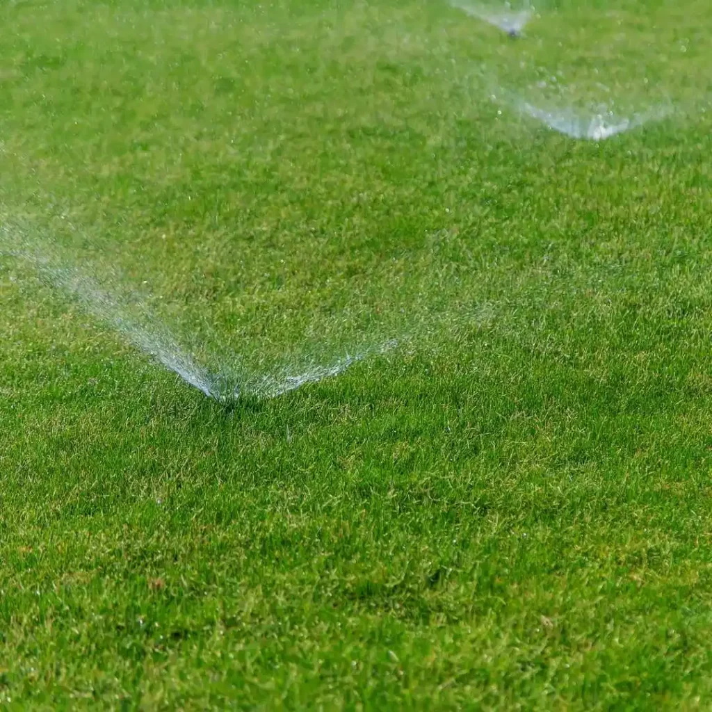 Sistema de irrigação em campo de futebol com aspersores de água estrategicamente posicionados para cobrir toda a área